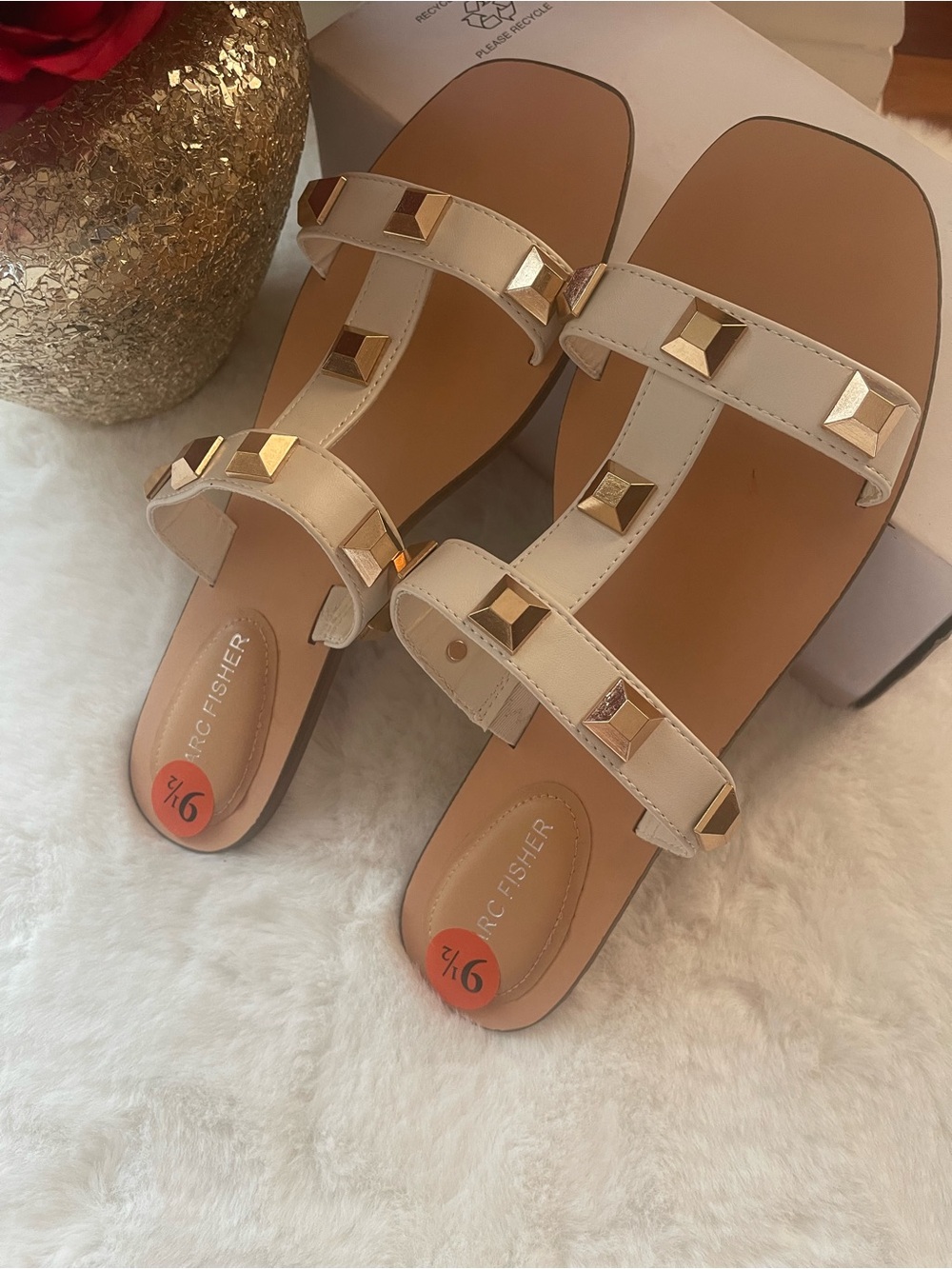 Marc Fisher White Leather Slide Sandals with Gold Pyramid Studs